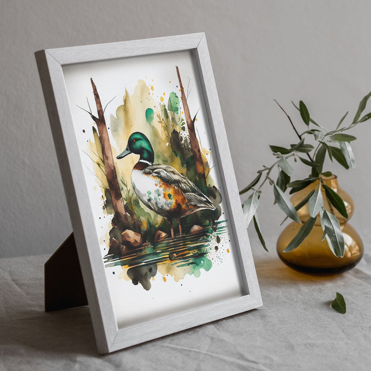 Nacnic Watercolor of Duck in the forest. Aesthetic Wall Art Prints for Bedroom or Living Room Design.