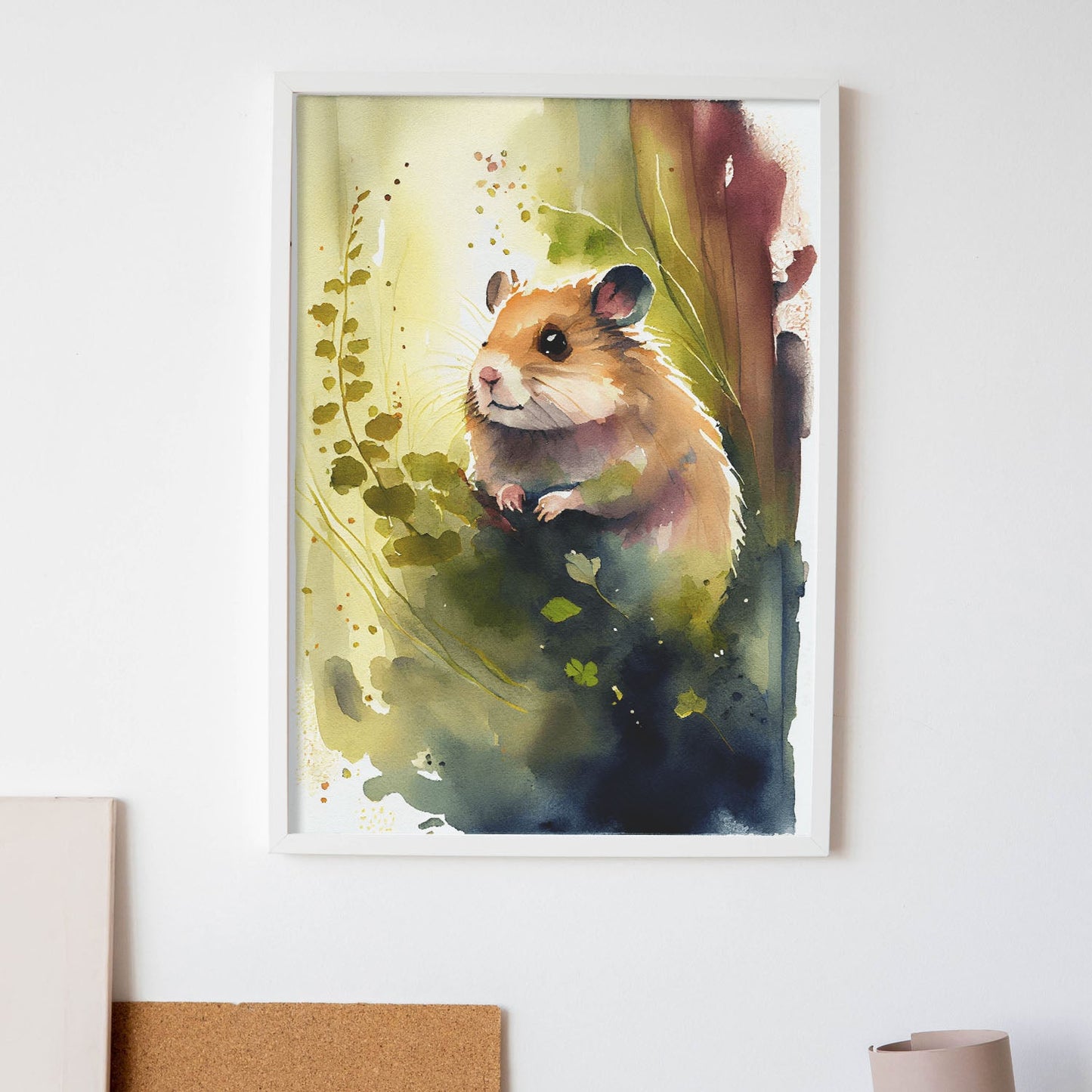 Nacnic Watercolor of Hamster in the forest_1. Aesthetic Wall Art Prints for Bedroom or Living Room Design.