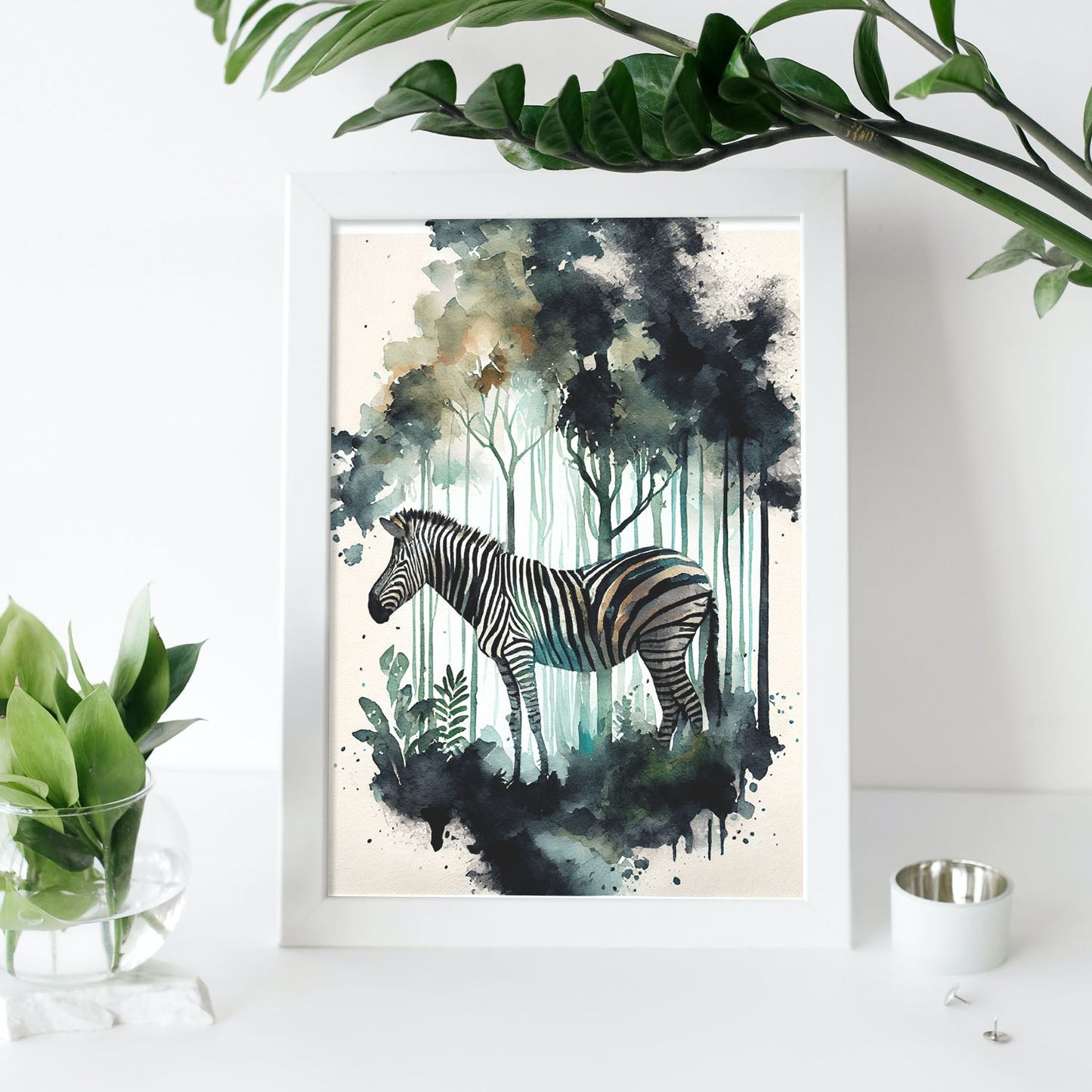Nacnic Watercolor of Zebra in the forest. Aesthetic Wall Art Prints for Bedroom or Living Room Design.