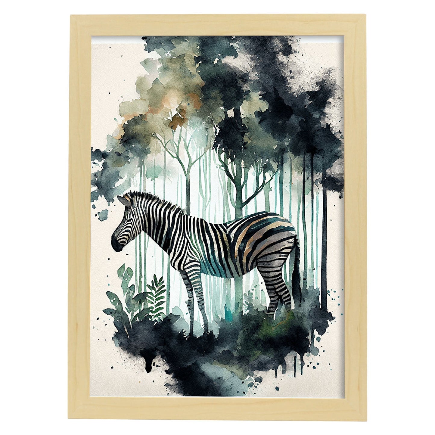 Nacnic Watercolor of Zebra in the forest. Aesthetic Wall Art Prints for Bedroom or Living Room Design.-Artwork-Nacnic-A4-Marco Madera Clara-Nacnic Estudio SL