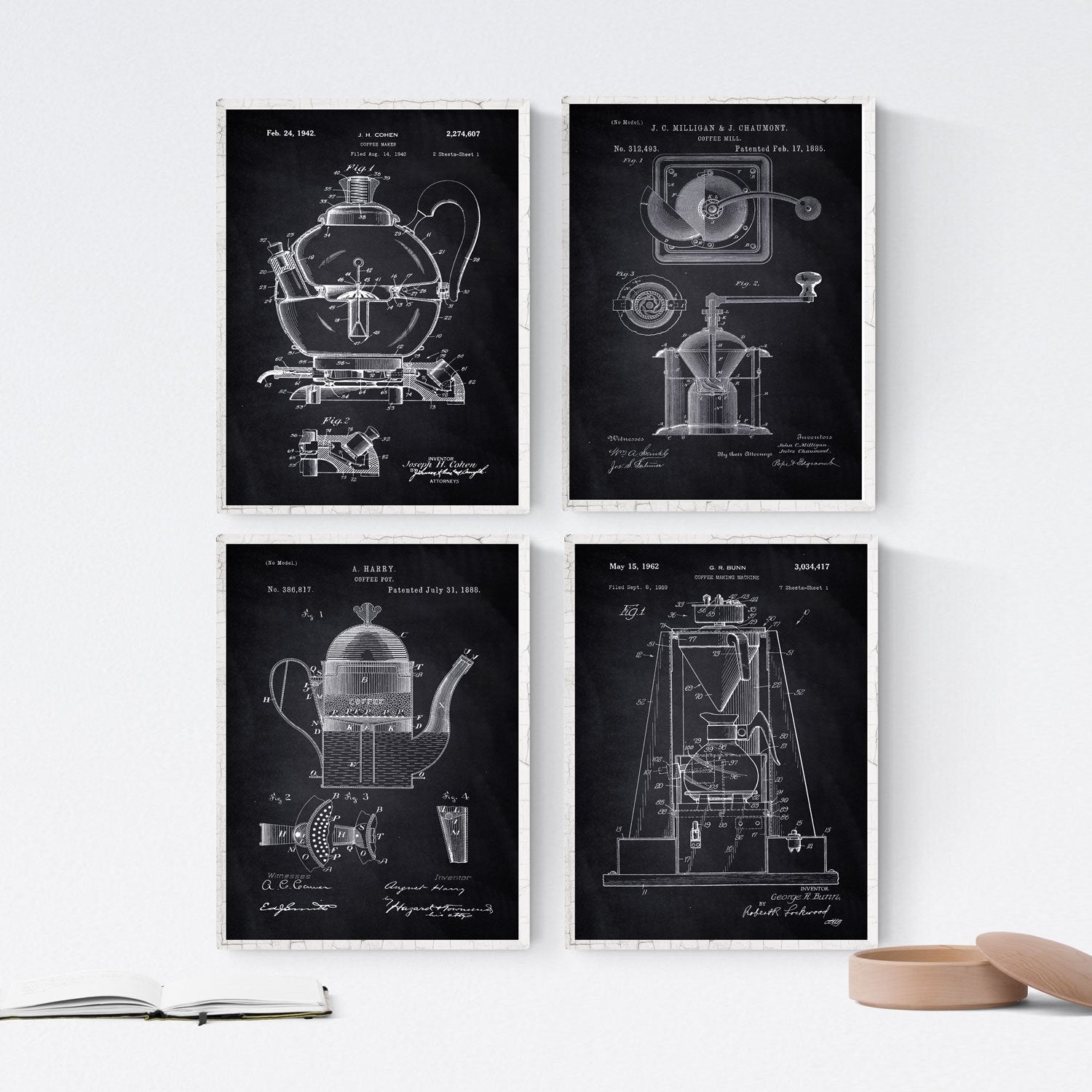 Negro - Pack de 4 Láminas con Patentes de Cafeteras. Set de Posters con inventos y Patentes Antiguas.-Artwork-Nacnic-Nacnic Estudio SL