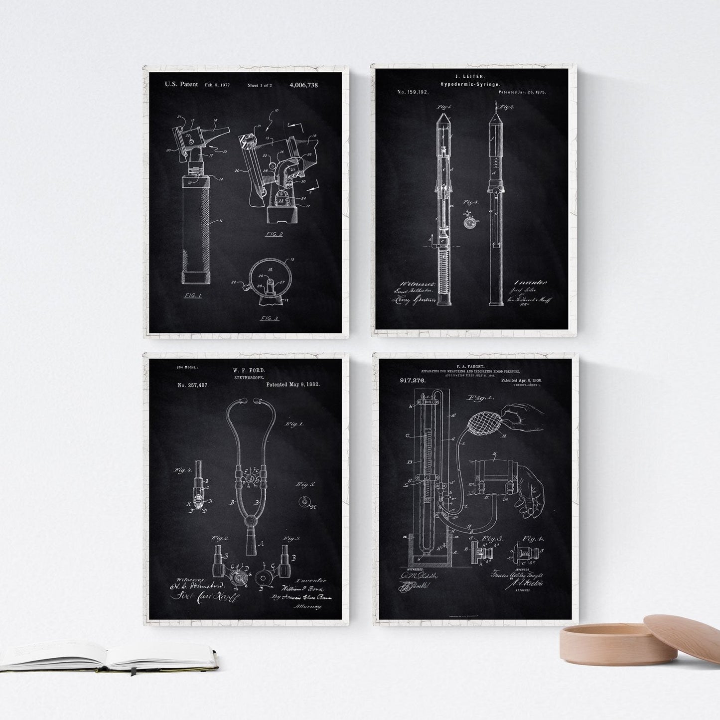 Negro - Pack de 4 Láminas con Patentes de Equipamiento Medico. Set de Posters con inventos y Patentes Antiguas-Artwork-Nacnic-Nacnic Estudio SL