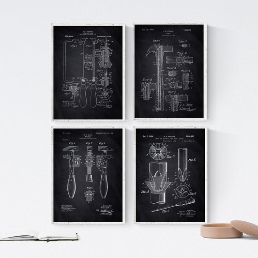 Negro - Pack de 4 Láminas con Patentes de Herramientas. Set de Posters con inventos y Patentes Antiguas.-Artwork-Nacnic-Nacnic Estudio SL