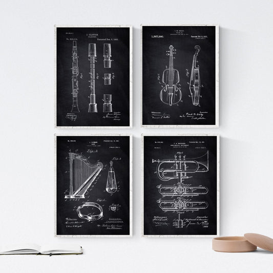 Negro - Pack de 4 láminas con Patentes de Instrumentos Musicales. Set de posters con inventos y Patentes Antiguas. Nacnic-Artwork-Nacnic-Nacnic Estudio SL