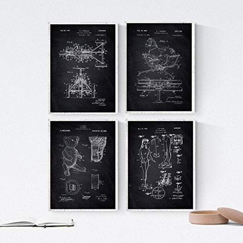 Negro - Pack de 4 Láminas con Patentes de Juguetes Infantiles. Set de Posters con inventos y Patentes Antiguas.-Artwork-Nacnic-Nacnic Estudio SL