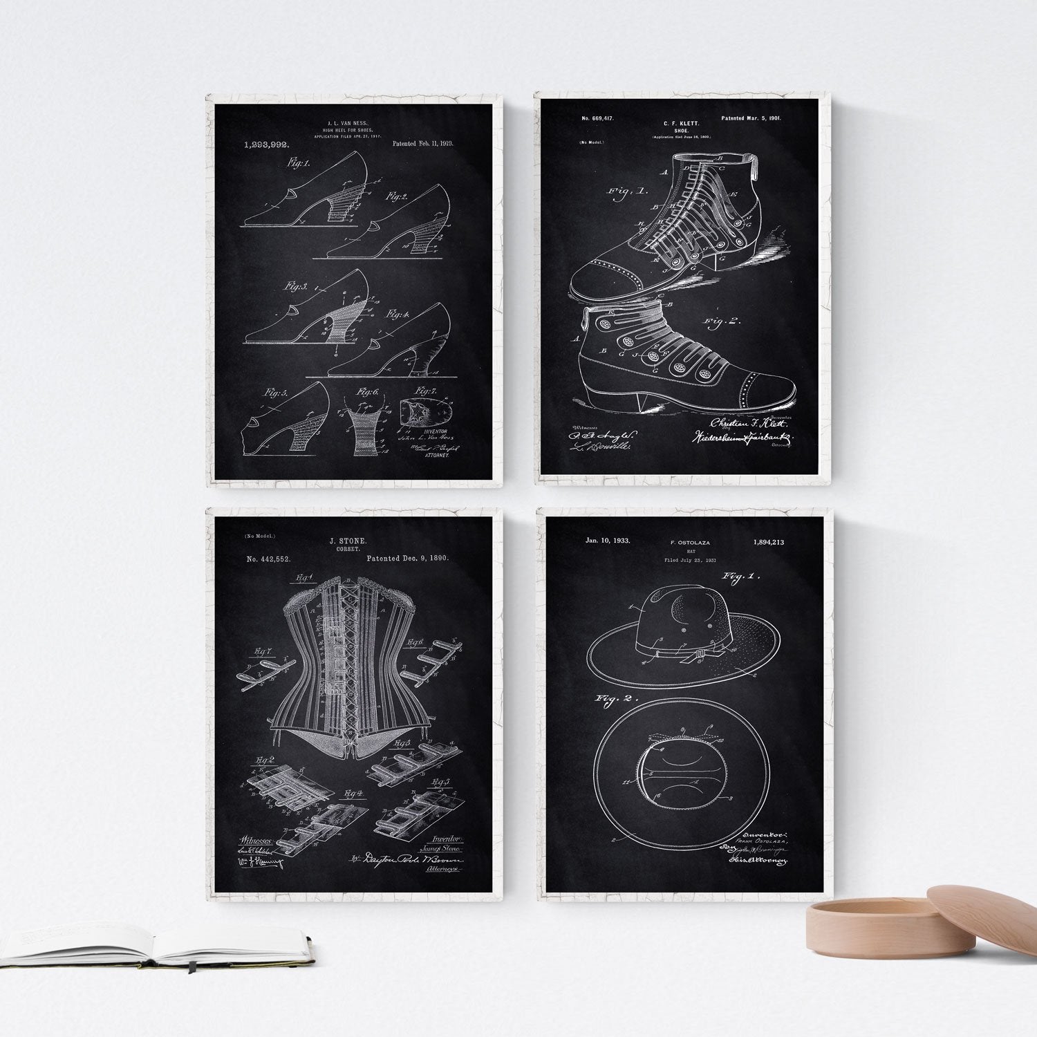 Negro - Pack de 4 Láminas con Patentes de Moda. Set de Posters con inventos y Patentes Antiguas.-Artwork-Nacnic-Nacnic Estudio SL