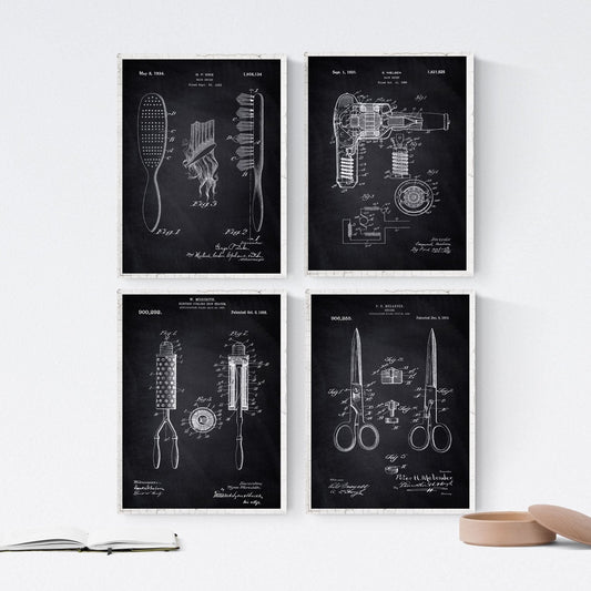 Negro - Pack de 4 Láminas con Patentes de Peluquería. Set de Posters con inventos y Patentes Antiguas.-Artwork-Nacnic-Nacnic Estudio SL