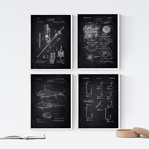 Negro - Pack de 4 Láminas con Patentes de Pesca. Set de Posters con inventos y Patentes Antiguas.-Artwork-Nacnic-Nacnic Estudio SL