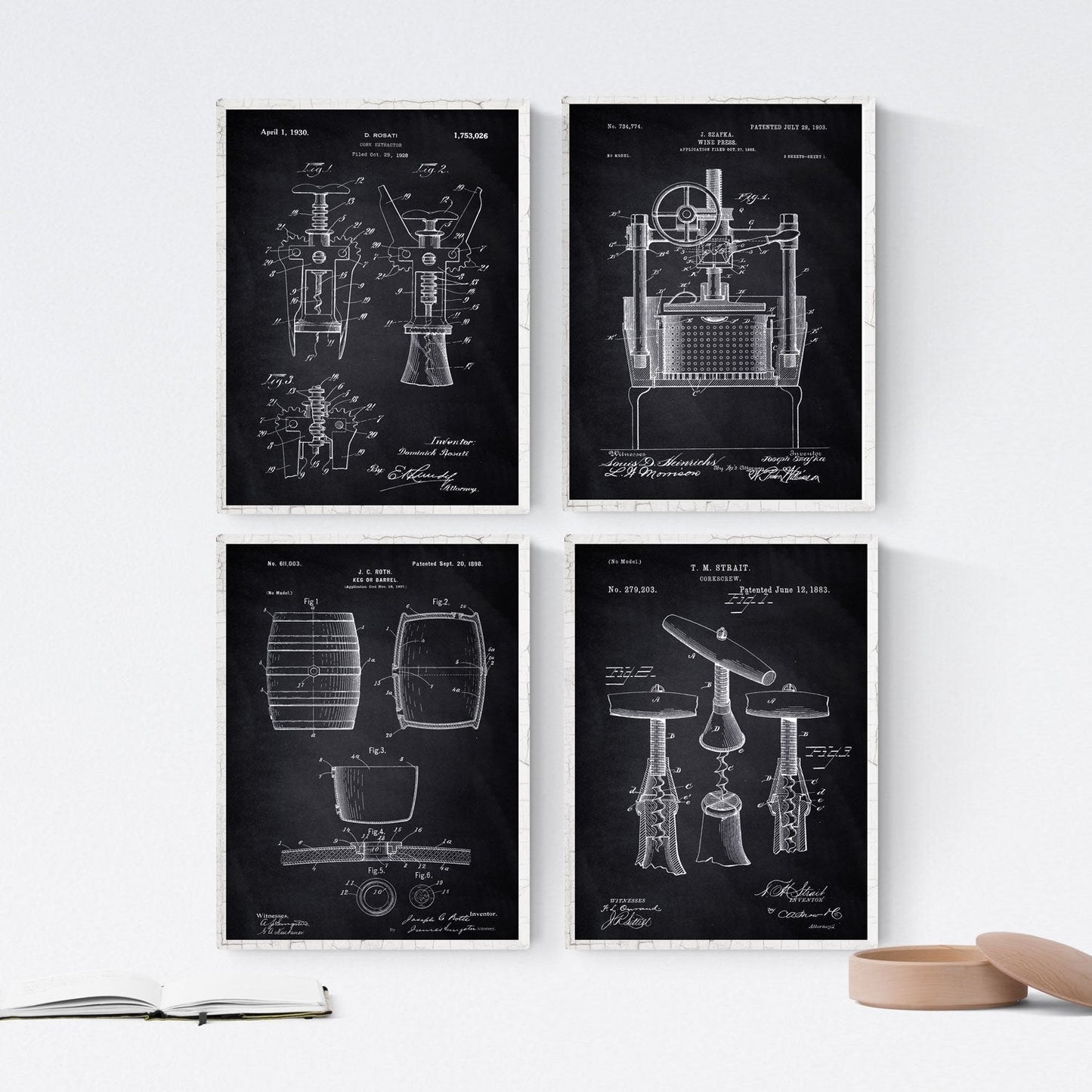 Negro - Pack de 4 Láminas con Patentes de Vino. Set de Posters con inventos y Patentes Antiguas.-Artwork-Nacnic-Nacnic Estudio SL