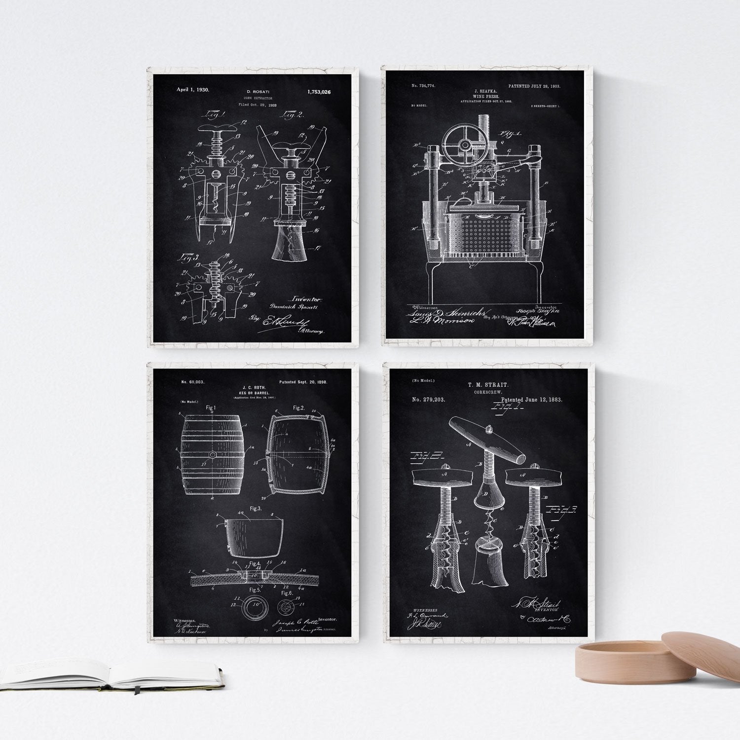Negro - Pack de 4 Láminas con Patentes de Vino. Set de Posters con inventos y Patentes Antiguas.-Artwork-Nacnic-Nacnic Estudio SL