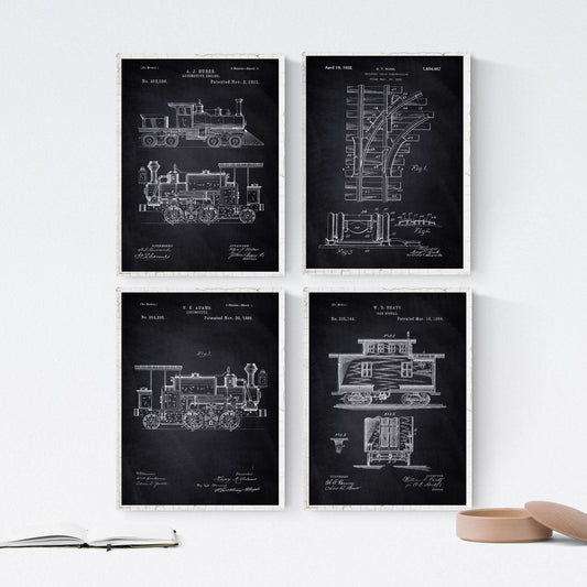 Negro - Pack de 4 láminas con Patentes del Ferrocarril. Set de Posters con inventos y Patentes Antiguas-Artwork-Nacnic-Nacnic Estudio SL