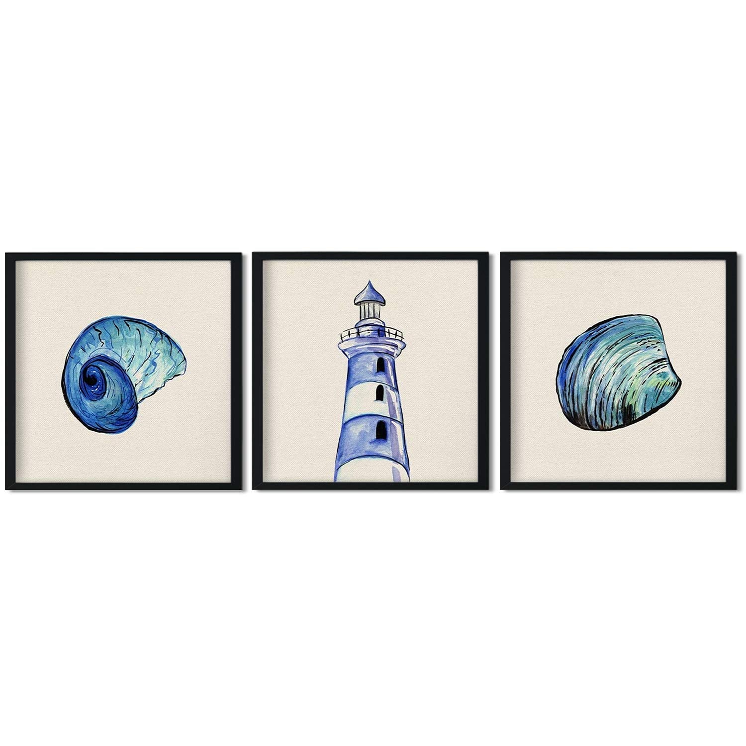 Pack de 3 láminas para enmarcar MAR AZUL. Posters con imágenes del mar. Concha, faro y caracola. alta calidad-Artwork-Nacnic-Nacnic Estudio SL