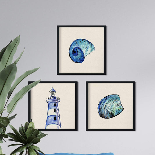 Pack de 3 láminas para enmarcar MAR AZUL. Posters con imágenes del mar. Concha, faro y caracola. alta calidad-Artwork-Nacnic-Nacnic Estudio SL