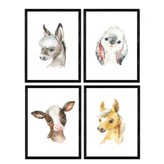 Pack de cuatro láminas con ilustraciones de animales. Caballo burro vaca y conejo.-Artwork-Nacnic-Nacnic Estudio SL