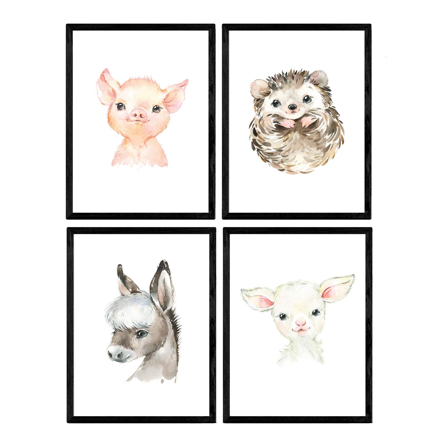 Pack de cuatro láminas con ilustraciones de animales. Cabra erizo cerdo burro.-Artwork-Nacnic-Nacnic Estudio SL