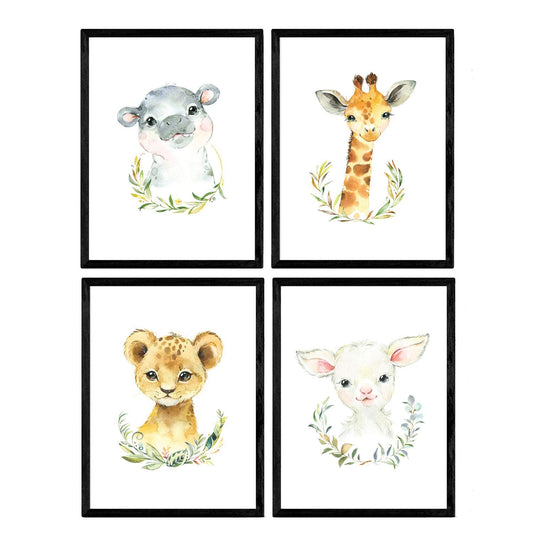 Pack de cuatro láminas con ilustraciones de animales. Cabra girafa hipopotamo y leon.-Artwork-Nacnic-Nacnic Estudio SL