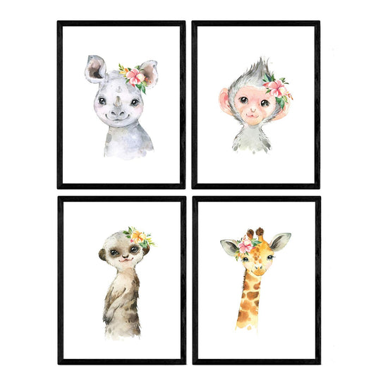 Pack de Cuatro láminas con Ilustraciones de Animales. Girafa Mono Rinoceronte y Suricata.-Artwork-Nacnic-Nacnic Estudio SL