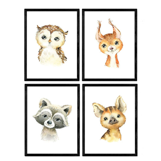 Pack de cuatro láminas con ilustraciones de animales. Hiena ciervo buho y mofeta.-Artwork-Nacnic-Nacnic Estudio SL