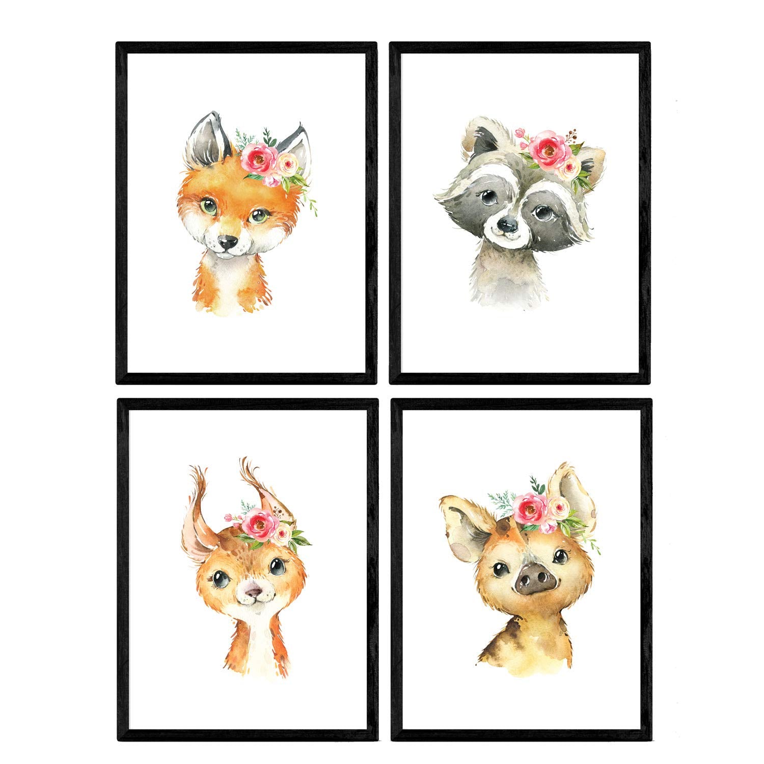 Pack de cuatro láminas con ilustraciones de animales. Hiena mofeta zorro y ciervo.-Artwork-Nacnic-Nacnic Estudio SL