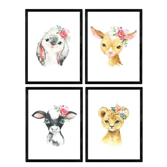 Pack de cuatro láminas con ilustraciones de animales. Leon alpaca conejo y vaca.-Artwork-Nacnic-Nacnic Estudio SL
