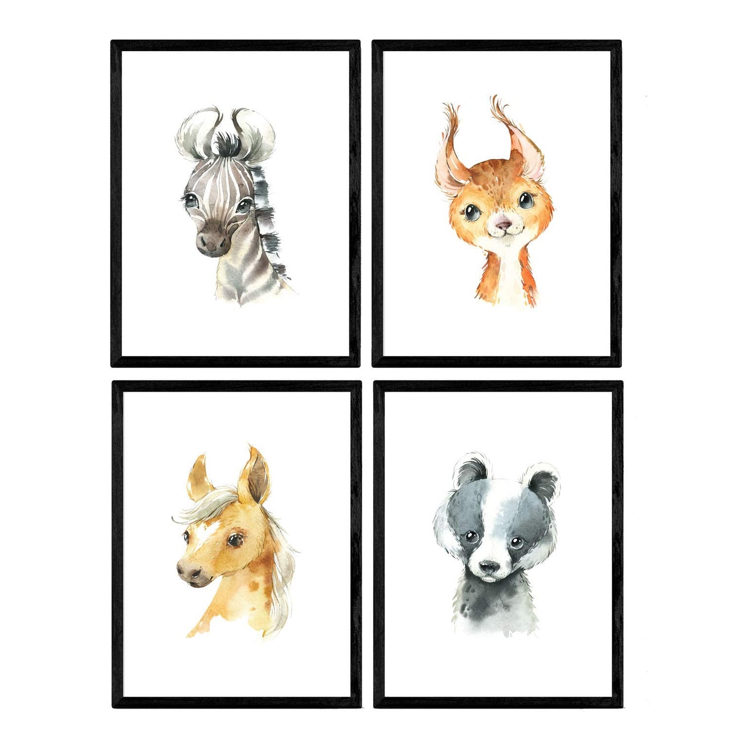 Pack de cuatro láminas con ilustraciones de animales. mapache cebra caballo y ciervo.-Artwork-Nacnic-Nacnic Estudio SL