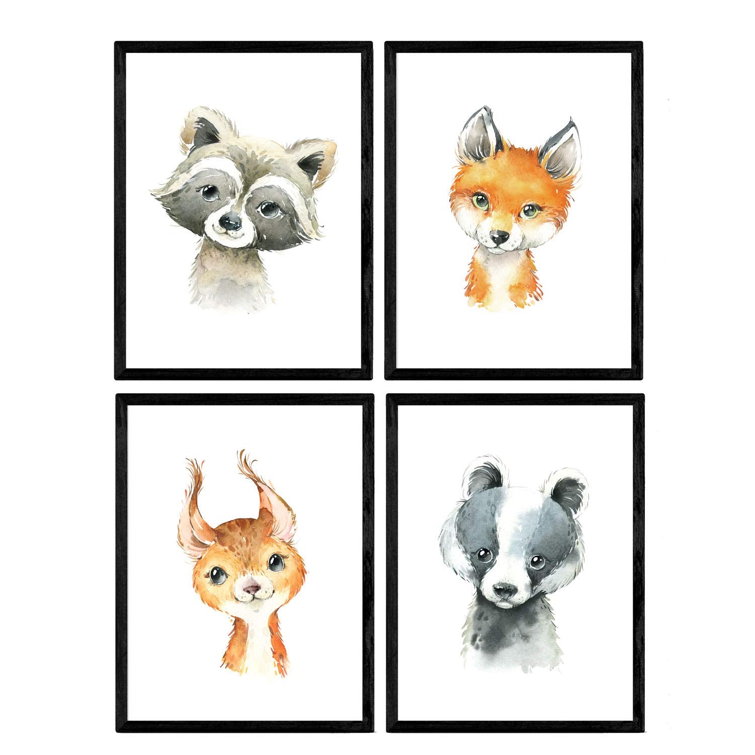 Pack de cuatro láminas con ilustraciones de animales. Mapache ciervo mofeta y zorro.-Artwork-Nacnic-Nacnic Estudio SL