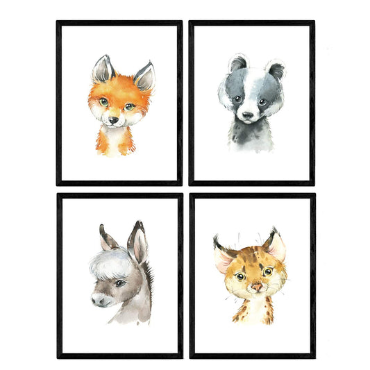 Pack de cuatro láminas con ilustraciones de animales. Mapache zorro burro y leopardo.-Artwork-Nacnic-Nacnic Estudio SL