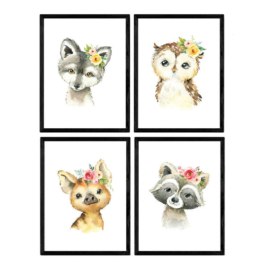 Pack de cuatro láminas con ilustraciones de animales. Mofeta buho zorro hiena.-Artwork-Nacnic-Nacnic Estudio SL