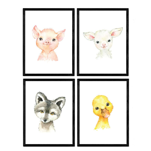 Pack de cuatro láminas con ilustraciones de animales. Pato cabra cerdo y zorro.-Artwork-Nacnic-Nacnic Estudio SL