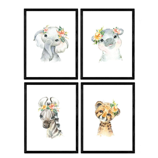 Pack de cuatro láminas con ilustraciones de animales. Tigre hipopotamo elefante y cebra.-Artwork-Nacnic-Nacnic Estudio SL