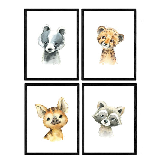 Pack de cuatro láminas con ilustraciones de animales. Tigre mofeta hiena mapache.-Artwork-Nacnic-Nacnic Estudio SL