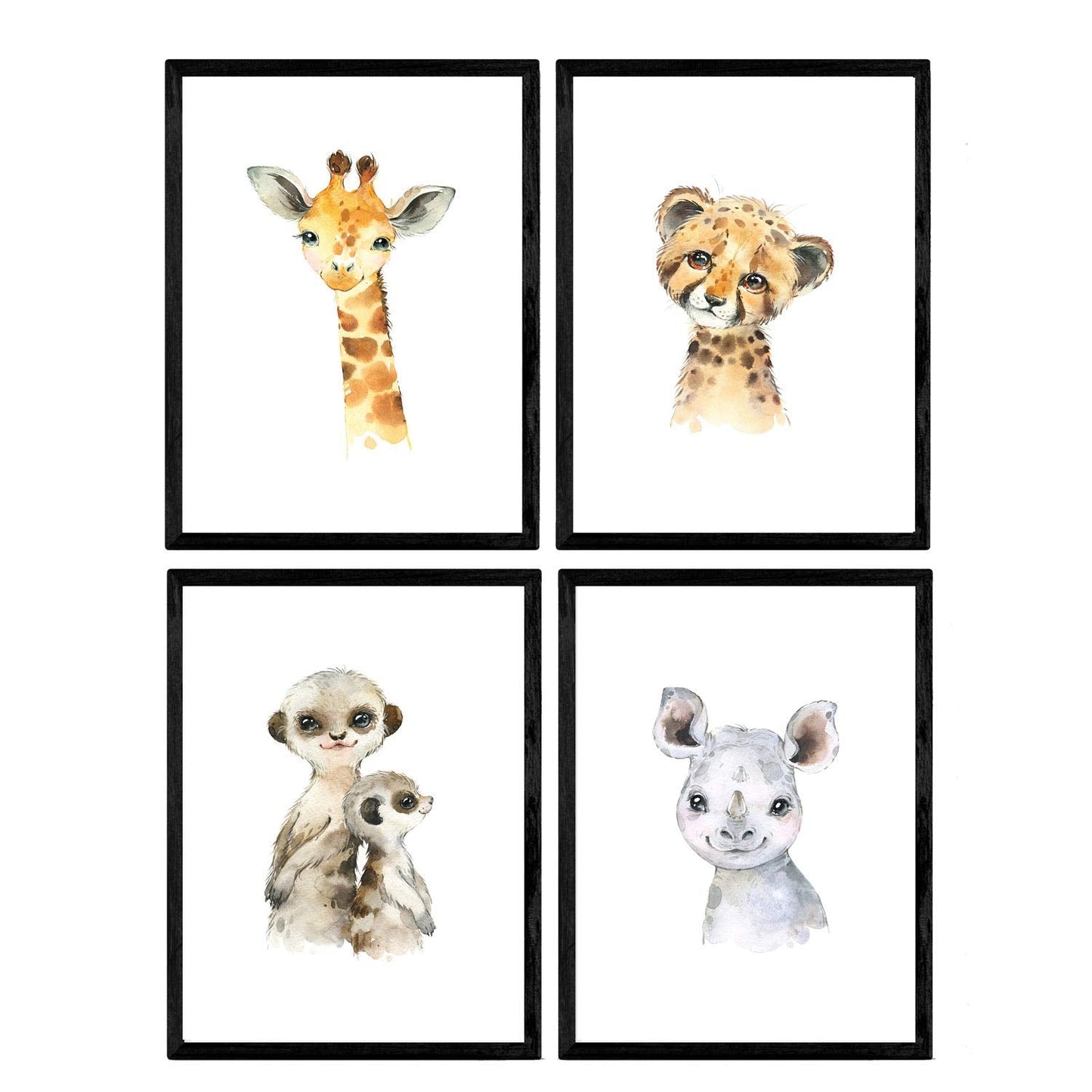 Pack de cuatro láminas con ilustraciones de animales. Tigre rinoceronte girafa y suricata.-Artwork-Nacnic-Nacnic Estudio SL