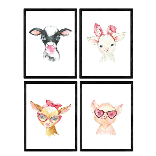 Pack de Cuatro láminas con Ilustraciones de Animales. Vaca Cabra y Cerdo.-Artwork-Nacnic-Nacnic Estudio SL