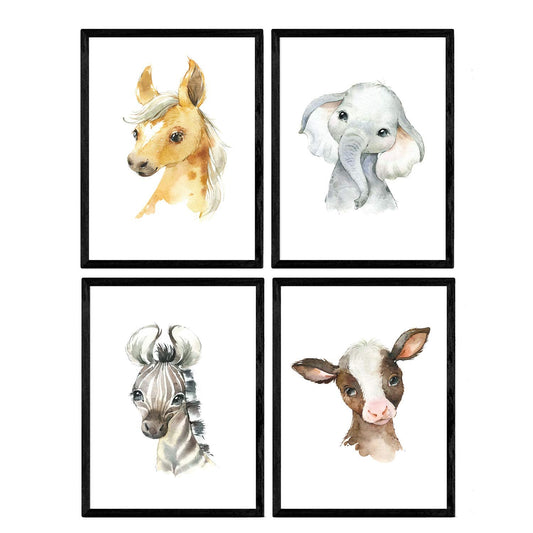 Pack de cuatro láminas con ilustraciones de animales. Vaca elefante caballo y cebra.-Artwork-Nacnic-Nacnic Estudio SL