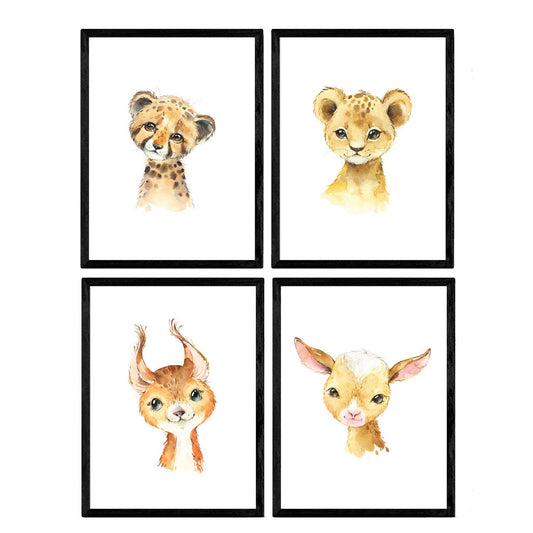 Pack de Cuatro láminas con Ilustraciones de Animales. Vaca Leon Leopardo Ciervo.-Artwork-Nacnic-Nacnic Estudio SL