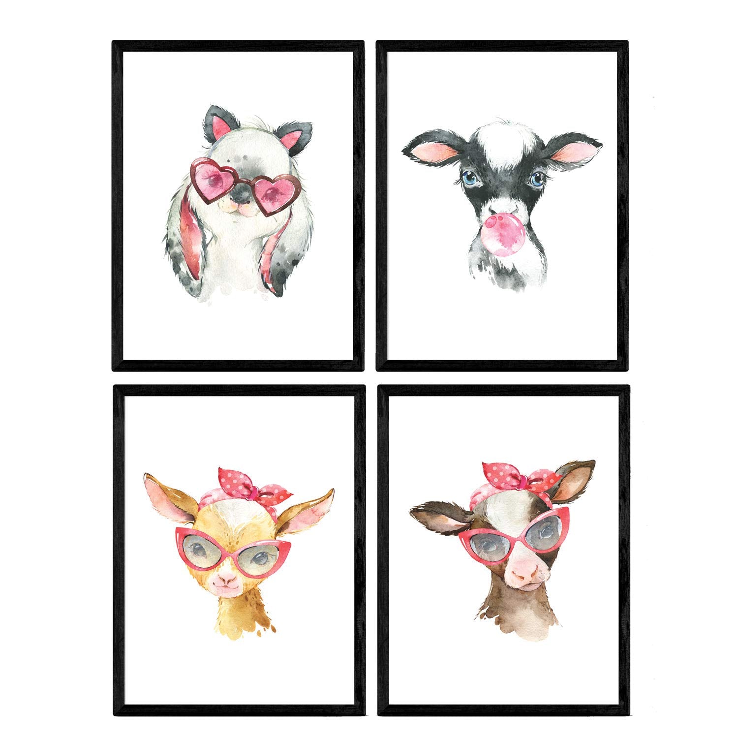 Pack de cuatro láminas con ilustraciones de animales. Vaca y conejo.-Artwork-Nacnic-Nacnic Estudio SL