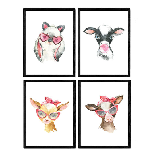 Pack de cuatro láminas con ilustraciones de animales. Vaca y conejo.-Artwork-Nacnic-Nacnic Estudio SL