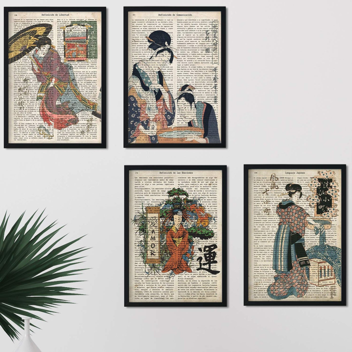Pack de Cuatro láminas Vintage japonesas con definiciones lenguaje japones, comunicacion, emociones y Libertad-Artwork-Nacnic-Nacnic Estudio SL