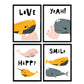 Pack de Cuatro Posters con Ilustraciones de Ballenas. Láminas con imágenes Infantiles de Ballenas. Ballenas de Colores Rosa Naranja y Gris con Mensajes positivos.-Artwork-Nacnic-Nacnic Estudio SL