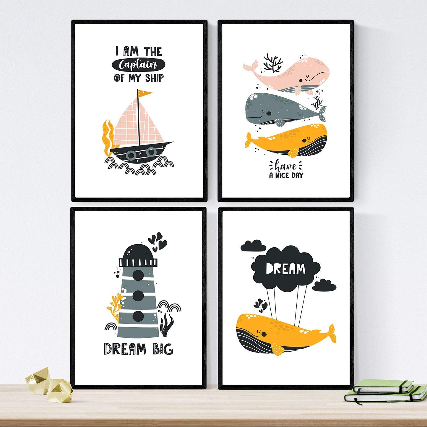 Pack de Cuatro Posters con Ilustraciones de Ballenas. Láminas con imágenes Infantiles de Ballenas. Ballenas Faro Marino Barco en el Fondo del mar.-Artwork-Nacnic-Nacnic Estudio SL