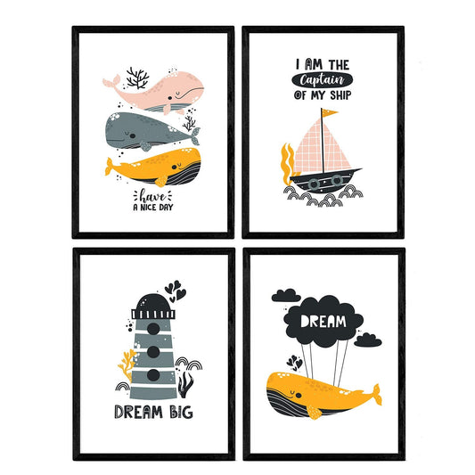 Pack de Cuatro Posters con Ilustraciones de Ballenas. Láminas con imágenes Infantiles de Ballenas. Ballenas Faro Marino Barco en el Fondo del mar.-Artwork-Nacnic-Nacnic Estudio SL