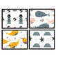 Pack de Cuatro Posters con Ilustraciones de Ballenas. Láminas con imágenes Infantiles de Ballenas. Ballenas Naranja Gris Faro y Estrella de mar.-Artwork-Nacnic-Nacnic Estudio SL