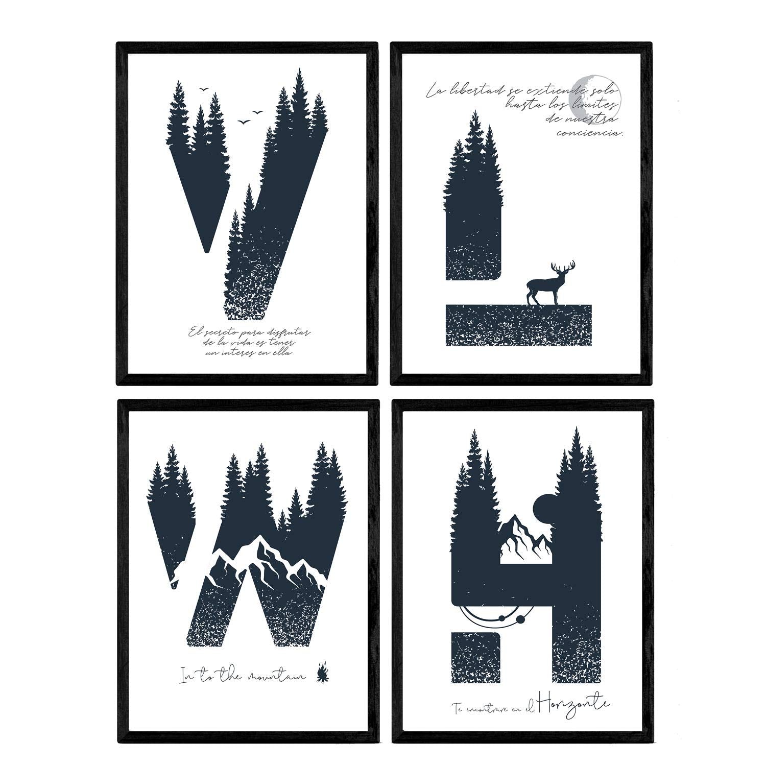 Pack de Cuatro Posters de Letras con diseño de Naturaleza. Letras H, V, L, W. Posters de Letras con diseño.-Artwork-Nacnic-Nacnic Estudio SL