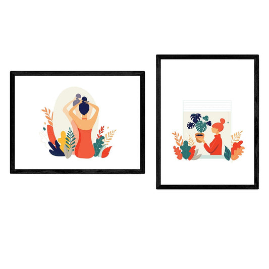Pack de posters con ilustracion de mujeres en casa. Mujer con plantas y espejo.-Artwork-Nacnic-Nacnic Estudio SL