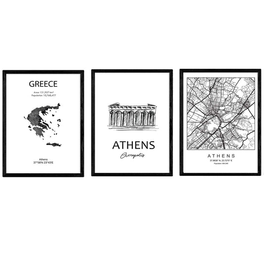 Pack de posters de paises y monumentos. Atenas mapa de la ciudad, monumento Acropolis y mapa Grecia.-Artwork-Nacnic-Nacnic Estudio SL