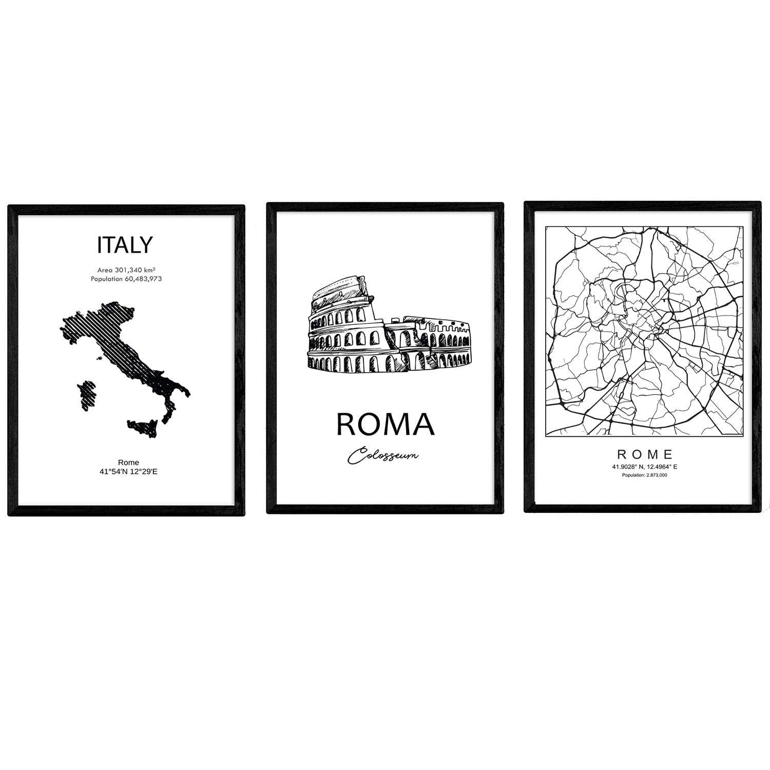 Pack de posters de paises y monumentos. Mapa ciudad de Roma, monumento Coliseo y mapa Italia.-Artwork-Nacnic-Nacnic Estudio SL