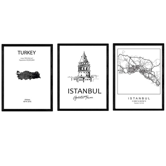 Pack de posters de paises y monumentos. Mapa ciudad Estambul, monumento Galata tower y mapa Turquia.-Artwork-Nacnic-Nacnic Estudio SL