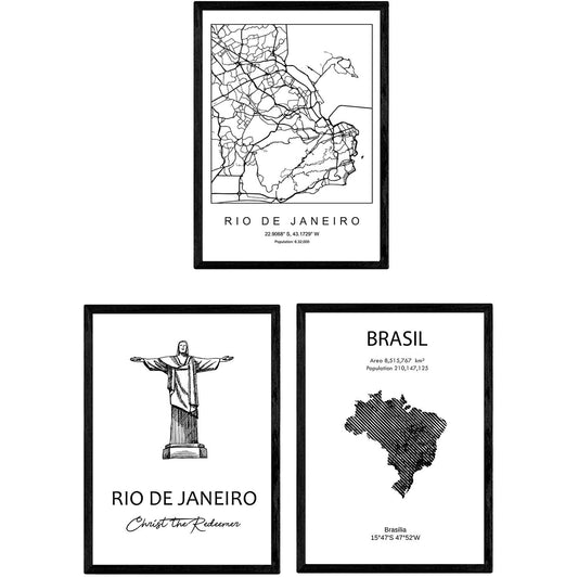 Pack de posters de paises y monumentos. Mapa ciudad Rio de janeiro, monumento Cristo redentor y mapa Brasil.-Artwork-Nacnic-Nacnic Estudio SL