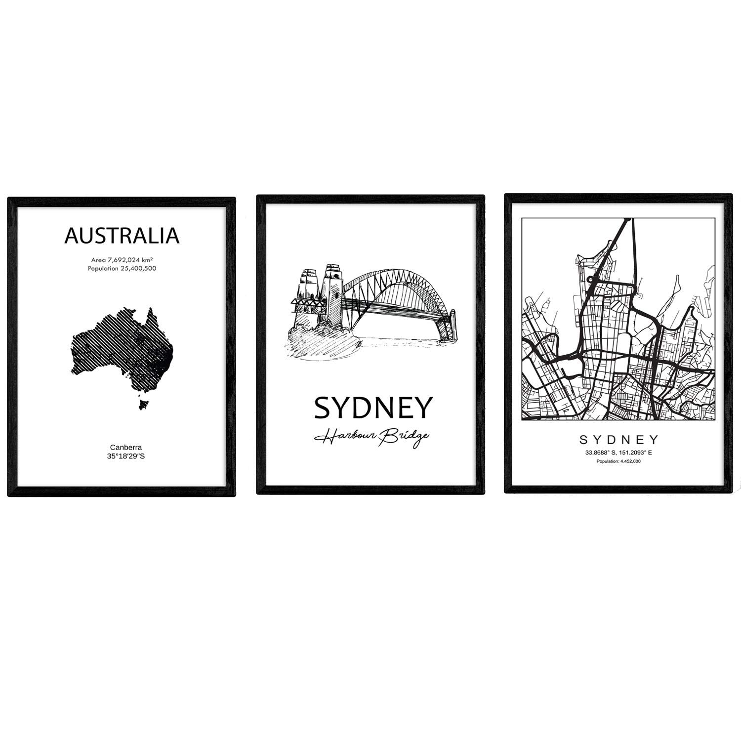 Pack de posters de paises y monumentos. Mapa cuidad Sidney, monumento Harbour Bridge y mapa Australia.-Artwork-Nacnic-Nacnic Estudio SL