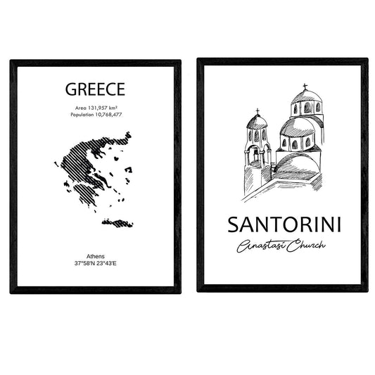 Pack de posters de paises y monumentos. Mapa Grecia y monumento Santorini.-Artwork-Nacnic-Nacnic Estudio SL